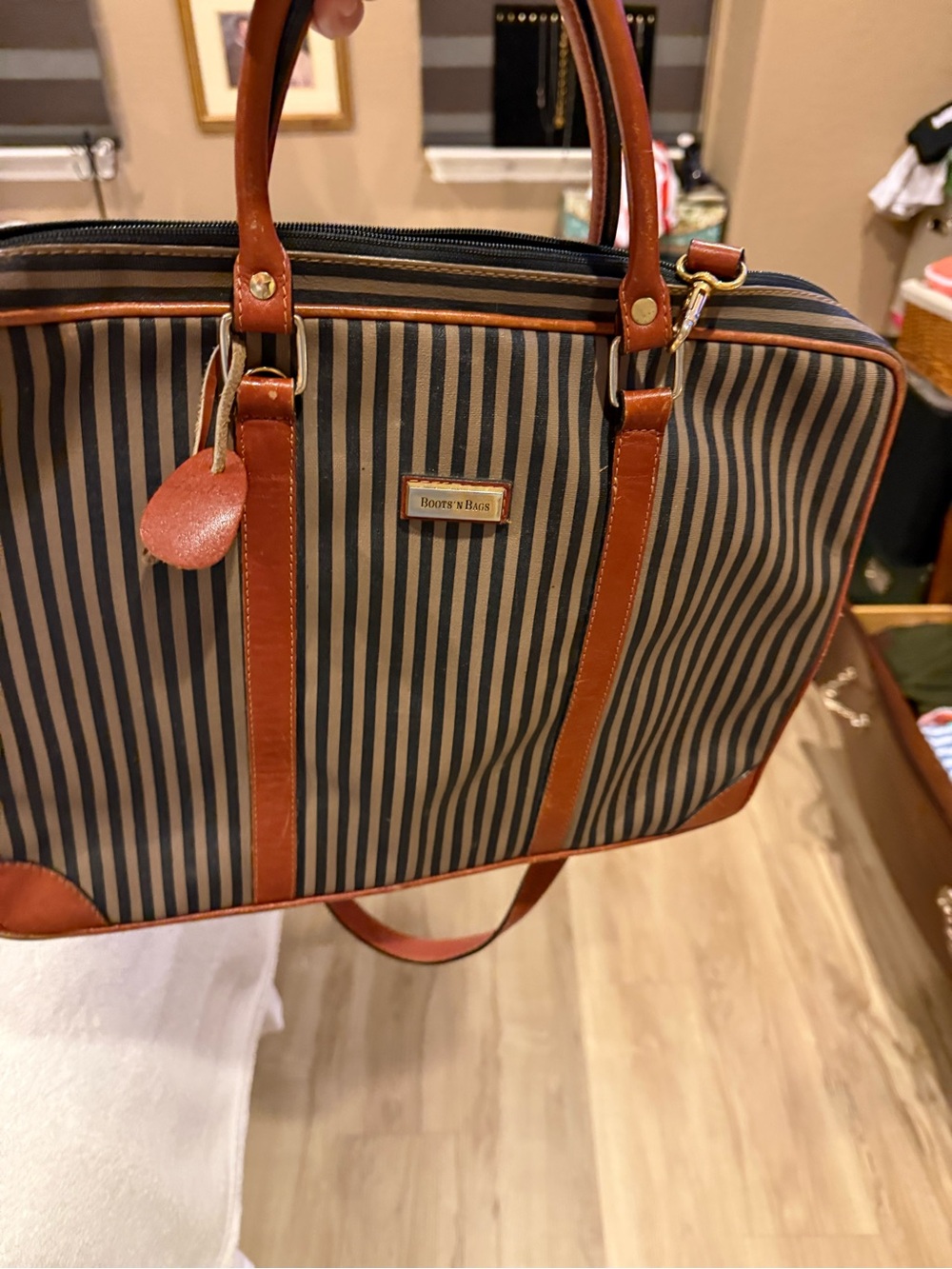 boots & Bags Brown Leather-Trim Navy Striped Laptop Briefcase made in Colombia